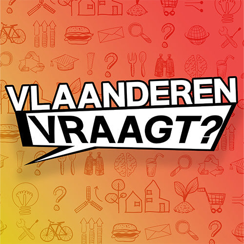 Vlaanderen Vraagt? logo op een oranje achtergrond met illustraties van vragen, ideeën en alledaagse thema’s