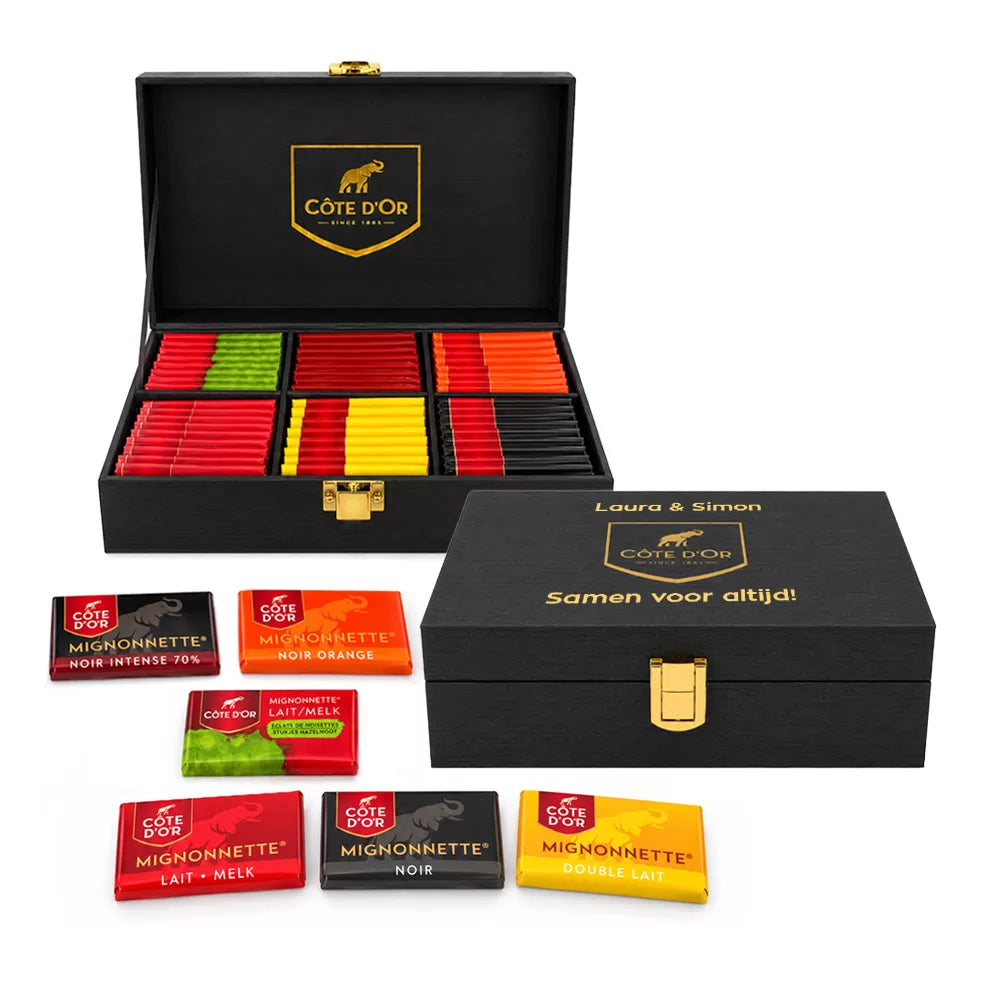 Côte d'Or Mignonnette Mix - Luxueuze houten geschenkbox - 6 smaken - Melk & Pure Chocolade - PERSO - 600g