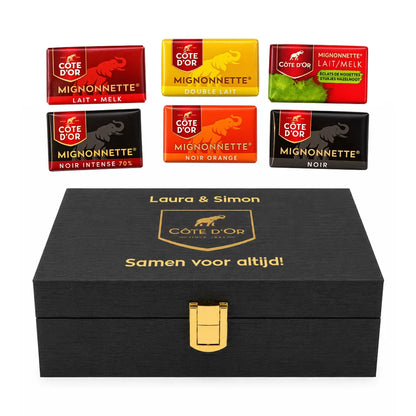 Côte d'Or Mignonnette Mix - Luxueuze houten geschenkbox - 6 smaken - Melk & Pure Chocolade - PERSO - 600g