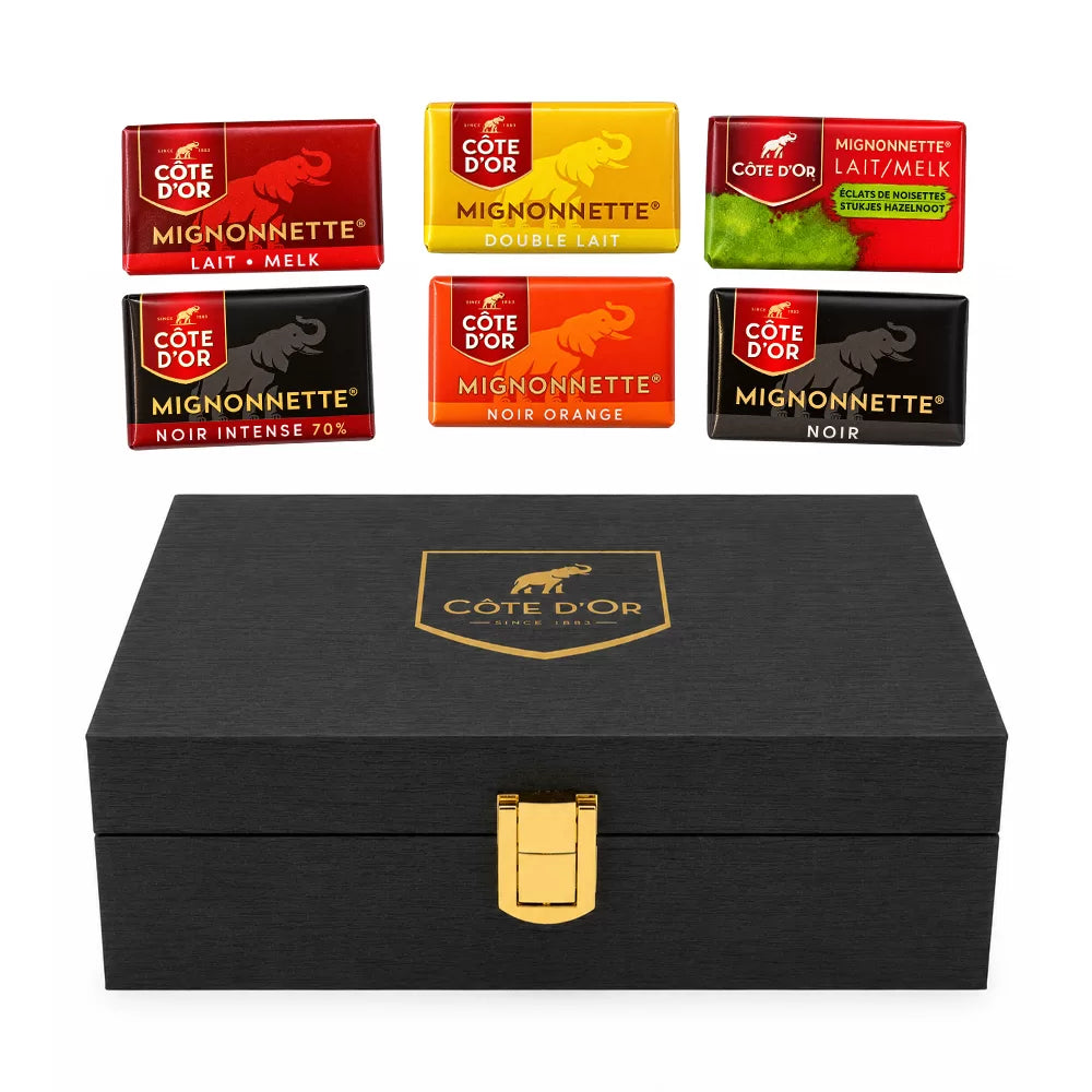Côte d'Or Mignonnette Mix "Merry Christmas and a Happy New Year" - Luxueuze houten geschenkbox - 6 smaken - Melk & Pure Chocolade - 600g