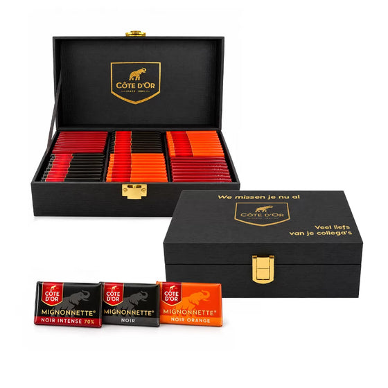 Côte d'Or Mignonnette Noir Mix - Luxueuze houten geschenkbox - 3 smaken pure Chocolade - PERSO - 600g