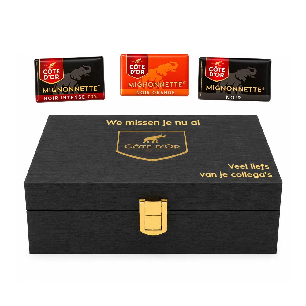 Côte d'Or Mignonnette Noir Mix - Luxueuze houten geschenkbox - 3 smaken pure Chocolade - PERSO - 600g