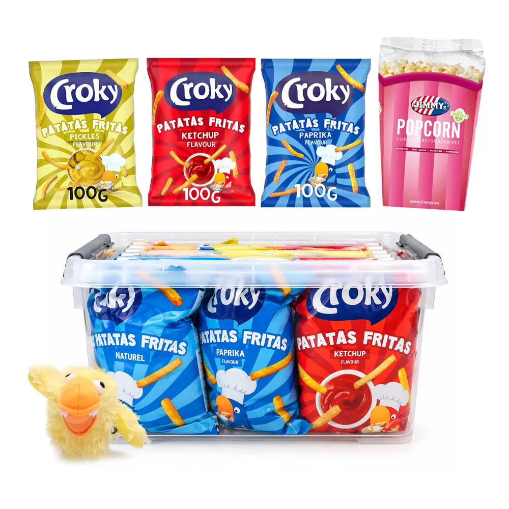 Croky Patatas Fritas & Popcorn Snackbox - Pickles, Ketchup, Paprika & zoete popcorn - 740g