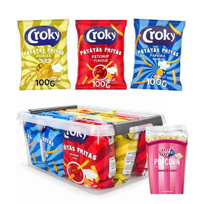 Croky Patatas Fritas & Popcorn Snackbox - Pickles, Ketchup, Paprika & zoete popcorn - 740g