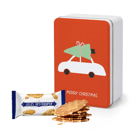 Jules Destrooper Natuurboterwafels tinnen kerstblik "Merry Christmas" - Kerstboom op auto - Kerstgeschenk - 144g
