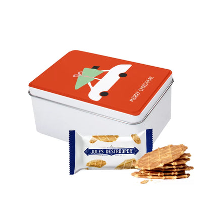 Jules Destrooper Natuurboterwafels tinnen kerstblik "Merry Christmas" - Kerstboom op auto - Kerstgeschenk - 144g