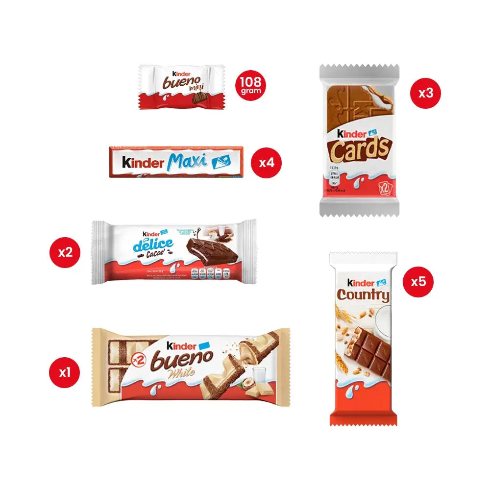 Kinder chocolade mix: Kinder Maxi, Bueno, Country, Cards, Delice & Bueno mini - 503g