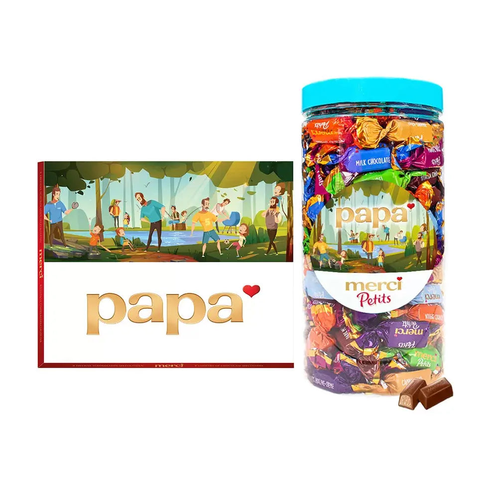merci Vaderdag pakket: merci Finest Selection 'papa' (250g) + merci Petits 'papa' (700g)