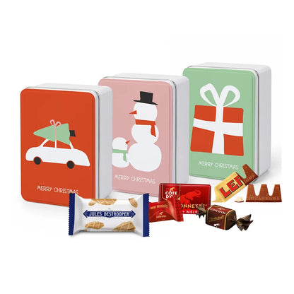 Merry Christmas Kerstgeschenkset 614g - 3 tinnen kerstblikjes met Toblerone Tiny, Côte d'Or & Jules Destrooper - chocolade & koekjes - Kerstcadeau