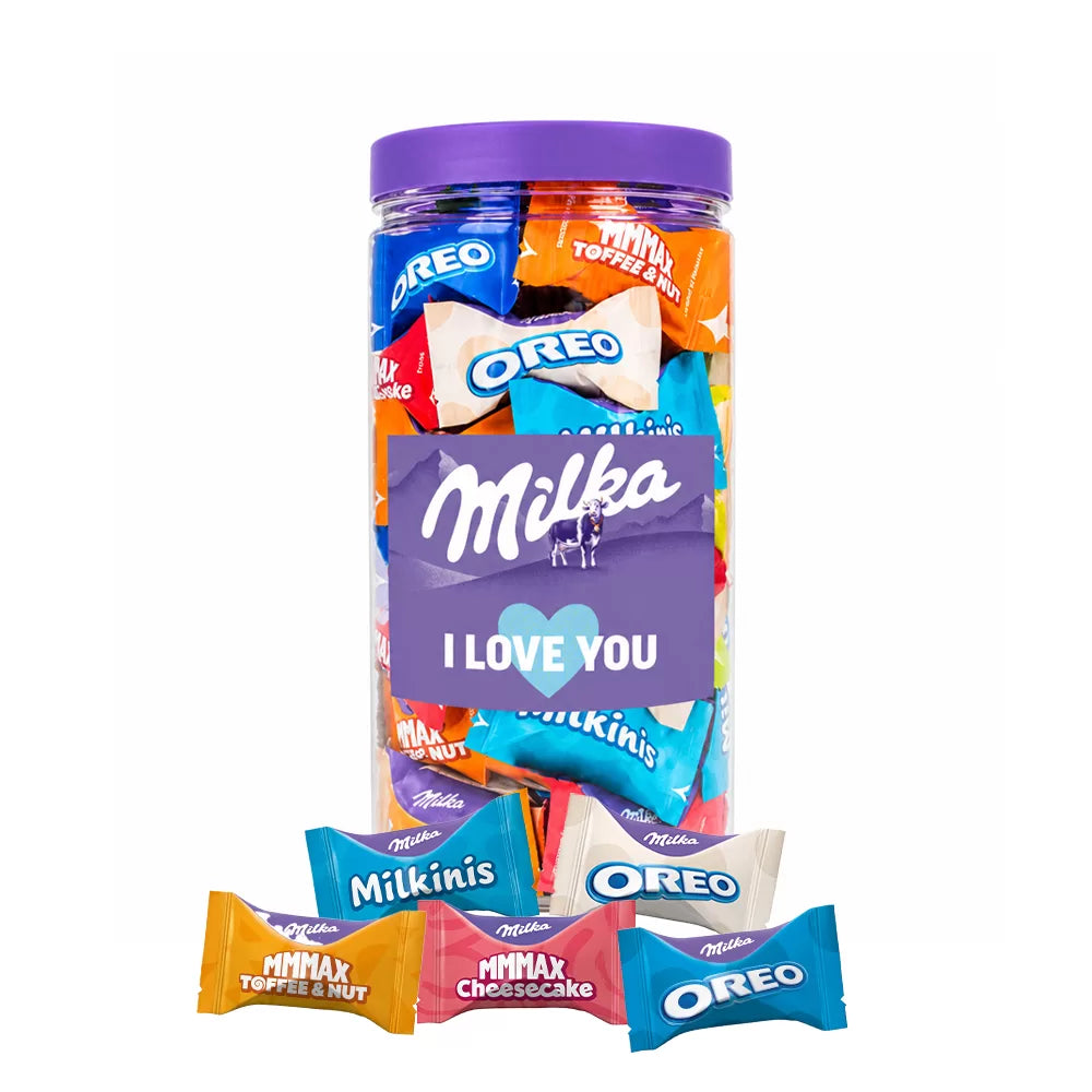 Milka Favourites chocolademix "I love you" - Toffee & Nut, Oreo, Cheesecake & Milkini - 500g