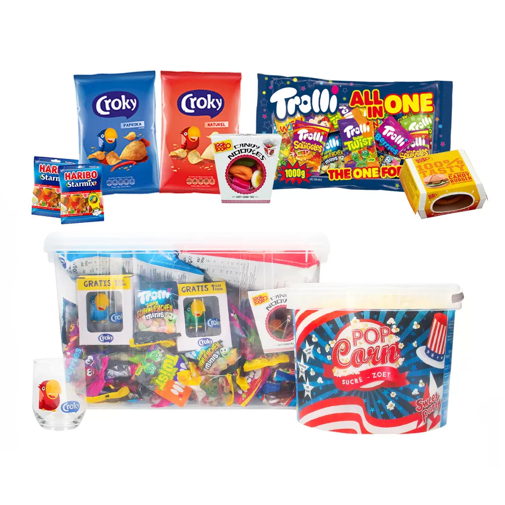 Partybox met snoep, chips en popcorn - assortiment voor elk feestje - 3380g