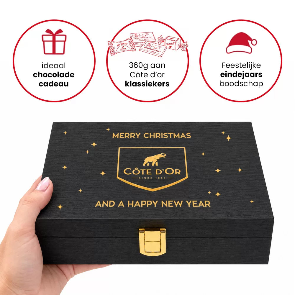 The best of Côte d’Or in houten kistje "Merry Christmas and a Happy New Year" - eindejaarscadeau - 360g