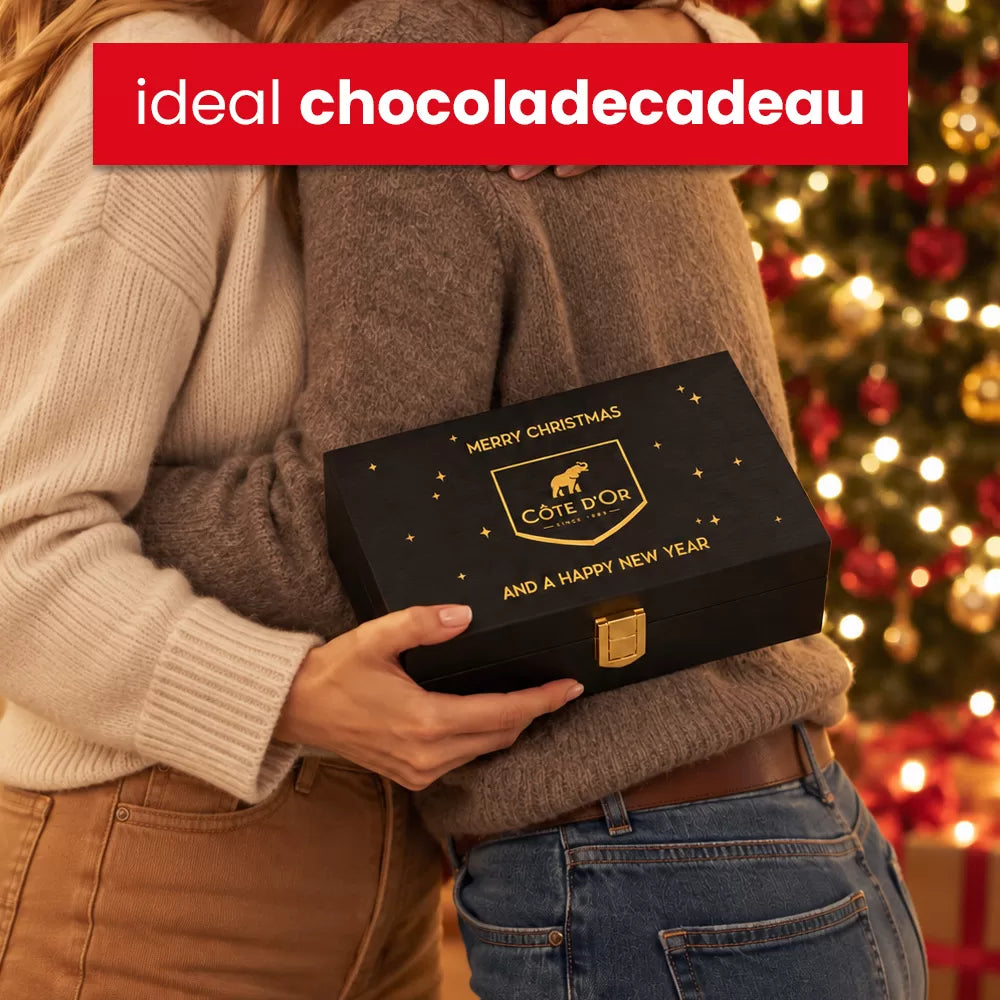 The best of Côte d’Or in houten kistje "Merry Christmas and a Happy New Year" - eindejaarscadeau - 360g