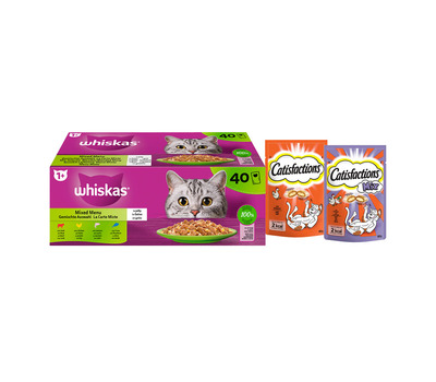Whiskas & Catisfactions kattenvoeding - mix natte voeding en snacks met kip en eend - 3520g
