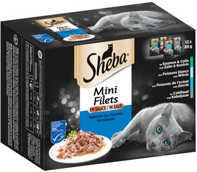 Sheba Natvoer kat - Vis selectie met 4 smaken - Versheidzakjes met saus - Mini Filets - 12 x 85g